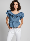 Denim ruffle blouse